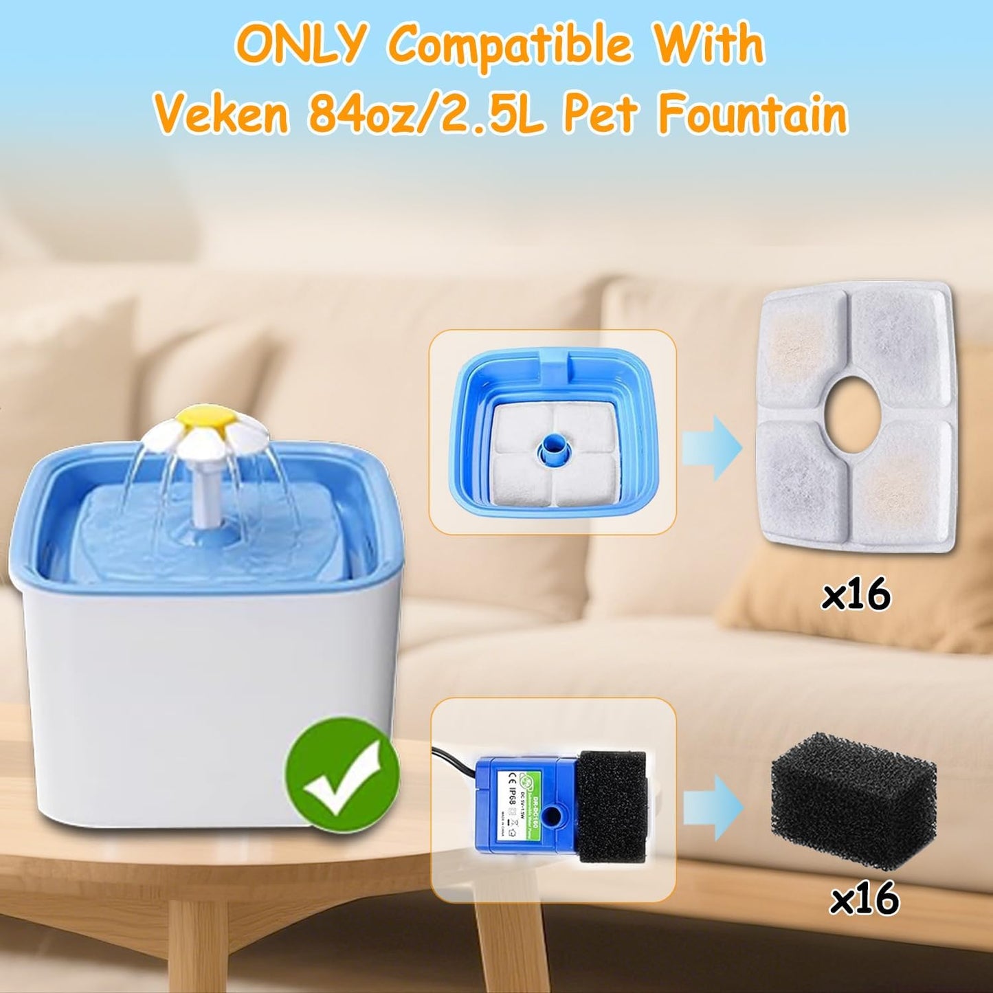 16 Pack Replacement Filters & 16 Pack Pre-Filter Sponges for Veken 84 oz / 2.5L Automatic Pet Water Fountain, Triple Filtration Cat Fountain Replacement Filter