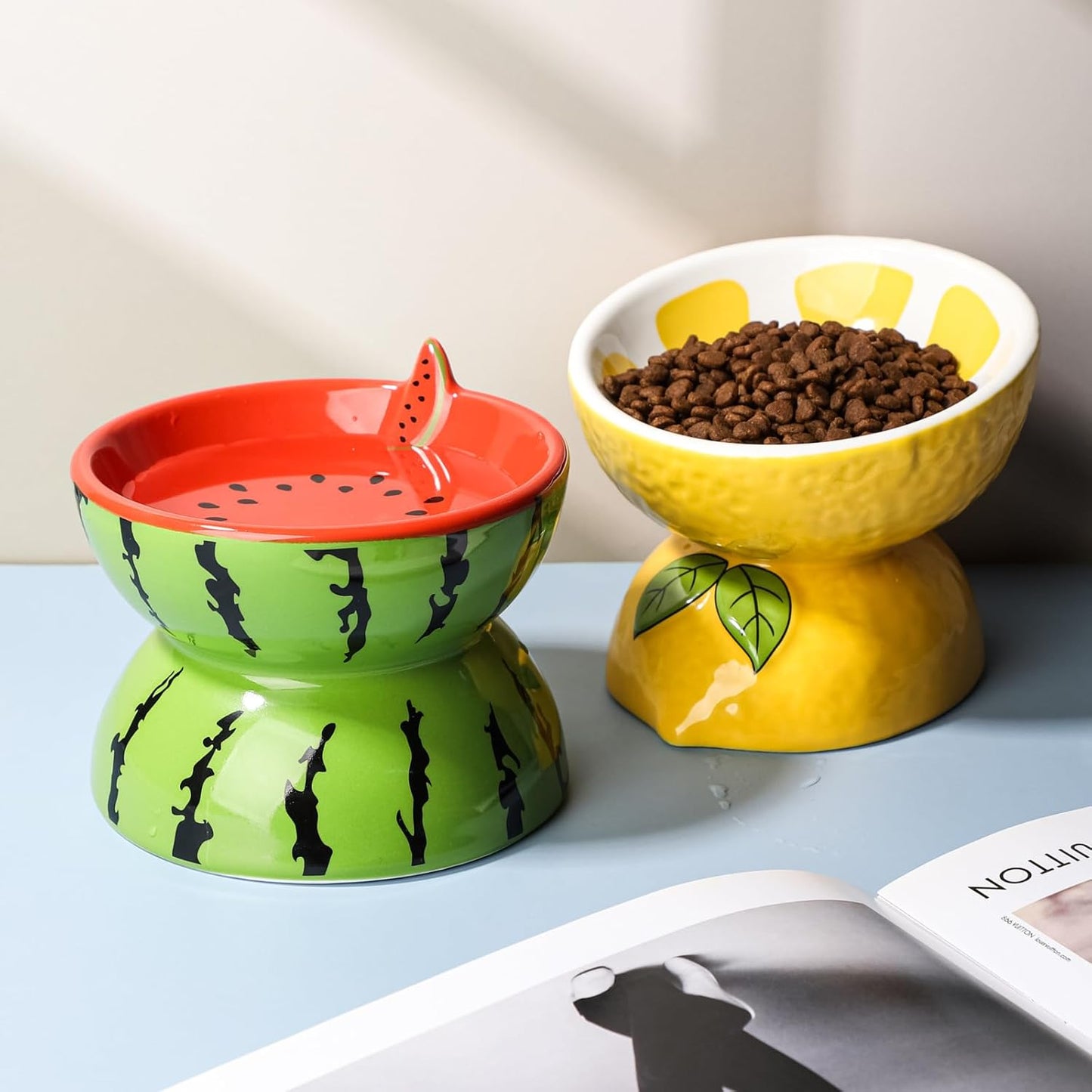 Ceramic Elevated Cat Food Bowl for Indoor Cats Tilted Food Bowls Cute Raised Cat Dish for Flat Faced Cats and Kitten (Watermelon Shaped, Medium)