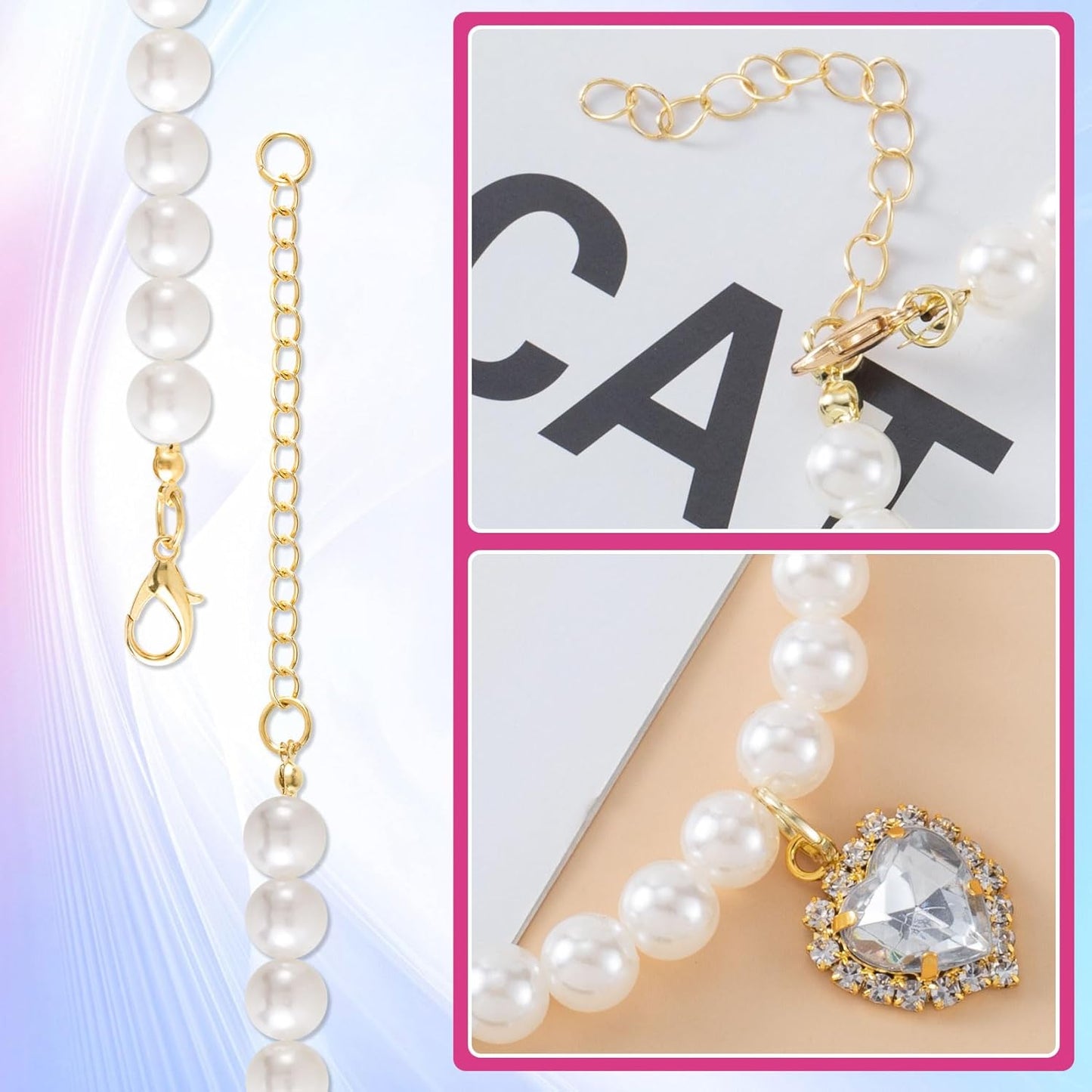 2pcs Cat Dog Pearl Collar, Small Heart Shape Rhinestone Pet Necklace, Adjustable Wedding Party Pet Jewelry Accessories for Puppy Small Cats- White & Pink