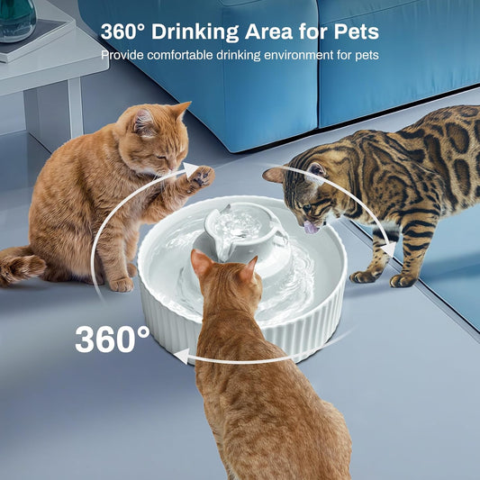 2.1L Ceramic Cat Water Fountain-for Cats and Dogs, 360 Ceramic Pet Fountain-70 Oz Large Water Capacity - Whisper-Quiet Water Flow-Great for Shy or Timid Pets - Fresh, Filtered Water(White)