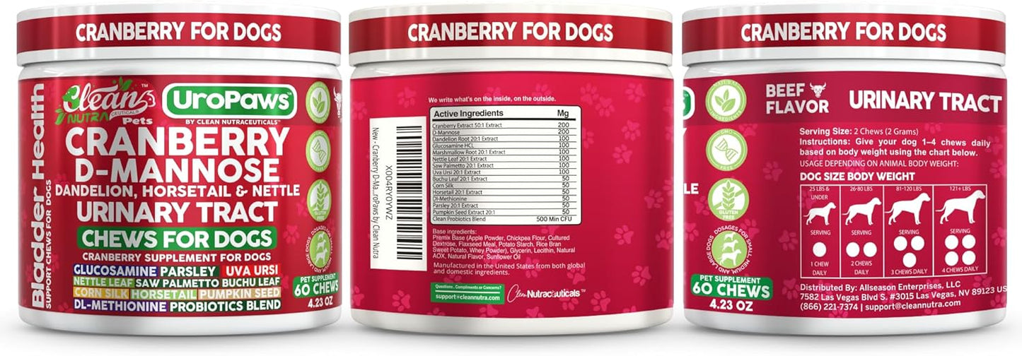 Dog UTI Treatment | Cranberry for Dogs | Urinary Tract Bladder Control | D-Mannose Dandelion Glucosamine HCL Marshmallow Nettle Leaf Saw Palmetto Uva Ursi Horsetail Beef Flavor by Clean Nutra Pets