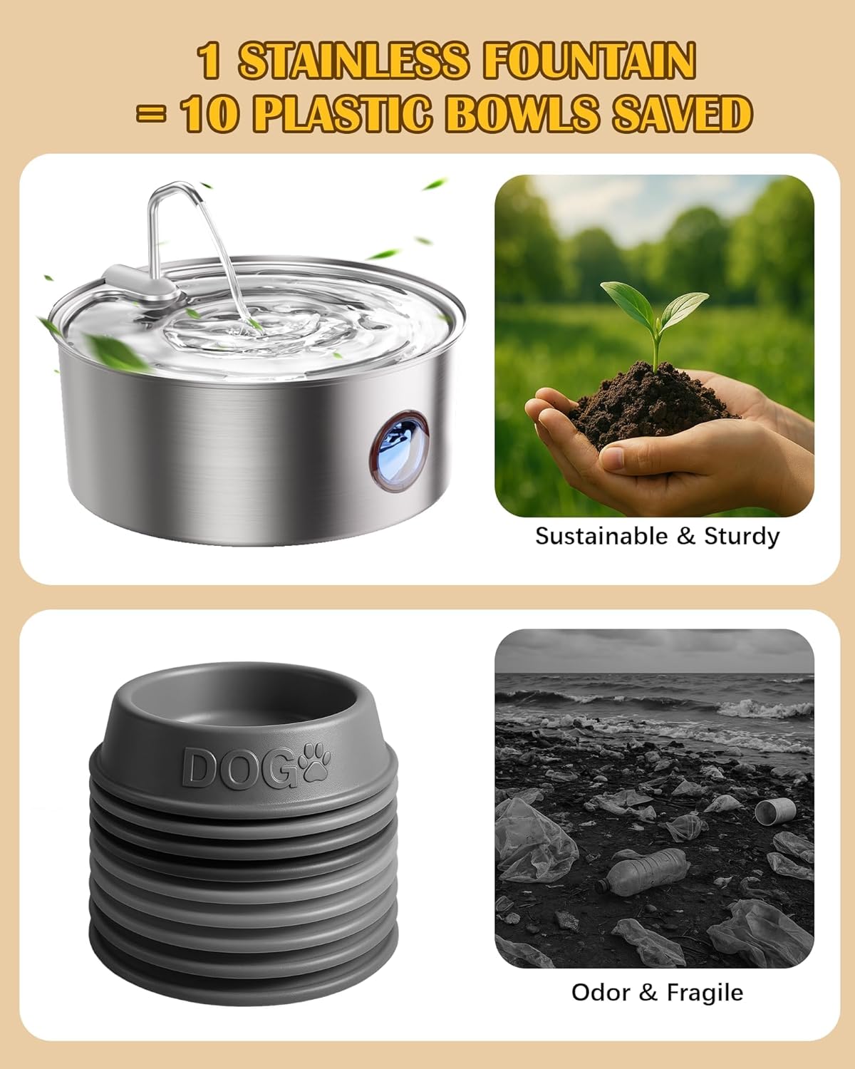 Stainless Steel Dog Water Fountain – 8L/270oz Automatic Waterer with Quiet Pump for Medium/Large Dogs, Cats & Multi-Pet Homes, Visible Water Window & Easy to Clean