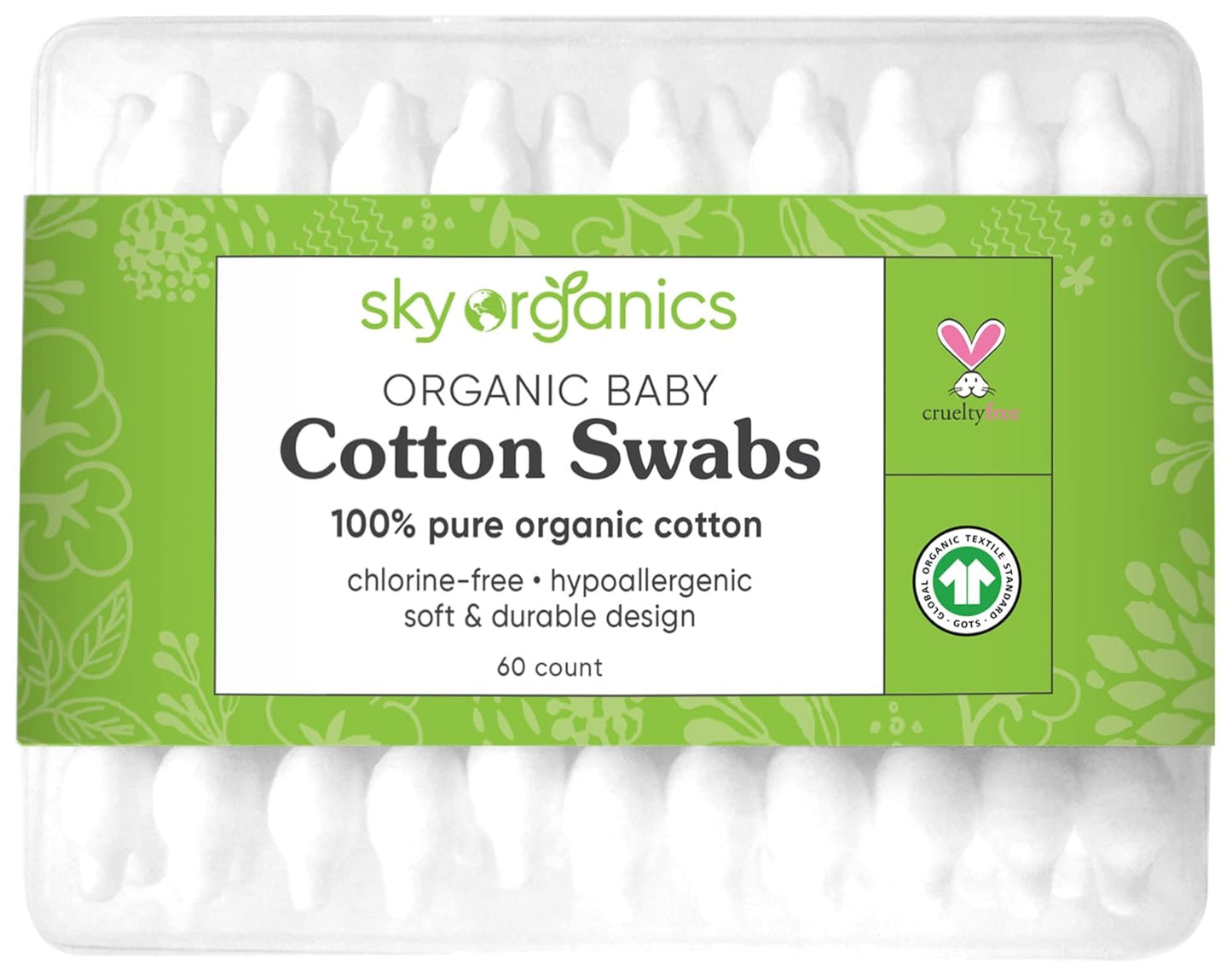 Sky Organics - Organic Baby Cotton Swabs, 60 ct. - Ultra Soft Baby Safe Tips - Strong & Durable - Hypoallergenic - Chlorine Free - Natural, Vegan & Cruelty Free - Skin Care & Baby Care