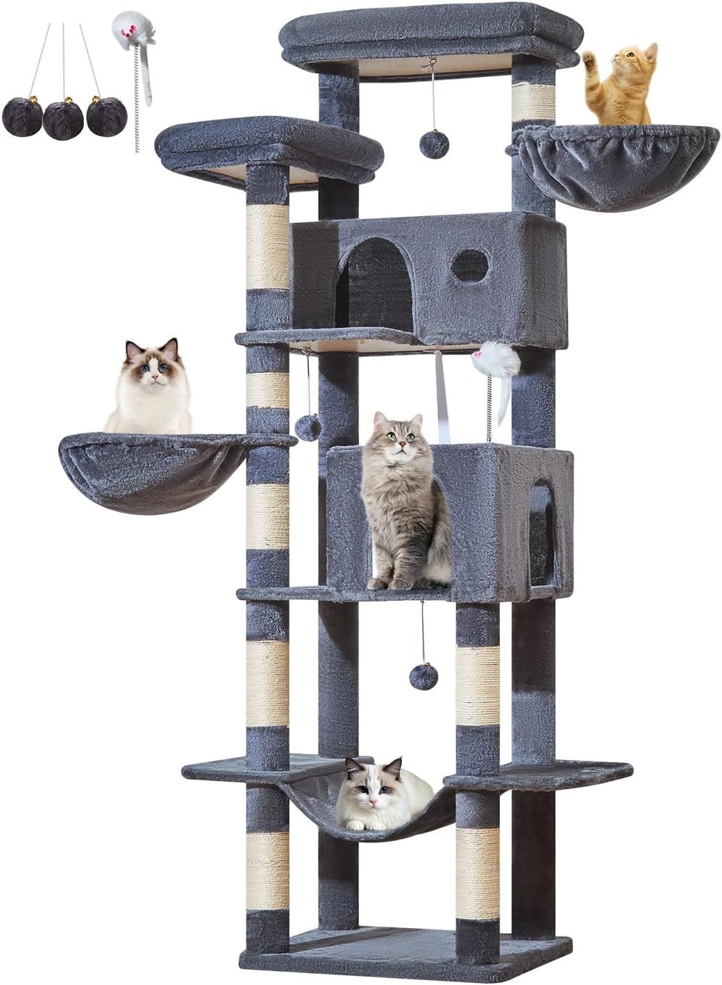 Taoqimiao Cat Tree Tower, 76-Inch Sturdy Cat Tree for Indoor Cats Large Adult Cat Tower with Scratching Posts,2 Condos, 2 Perches, 2 Large Hanging Baskets, Soft Hammock, MS046G Smoke Gray