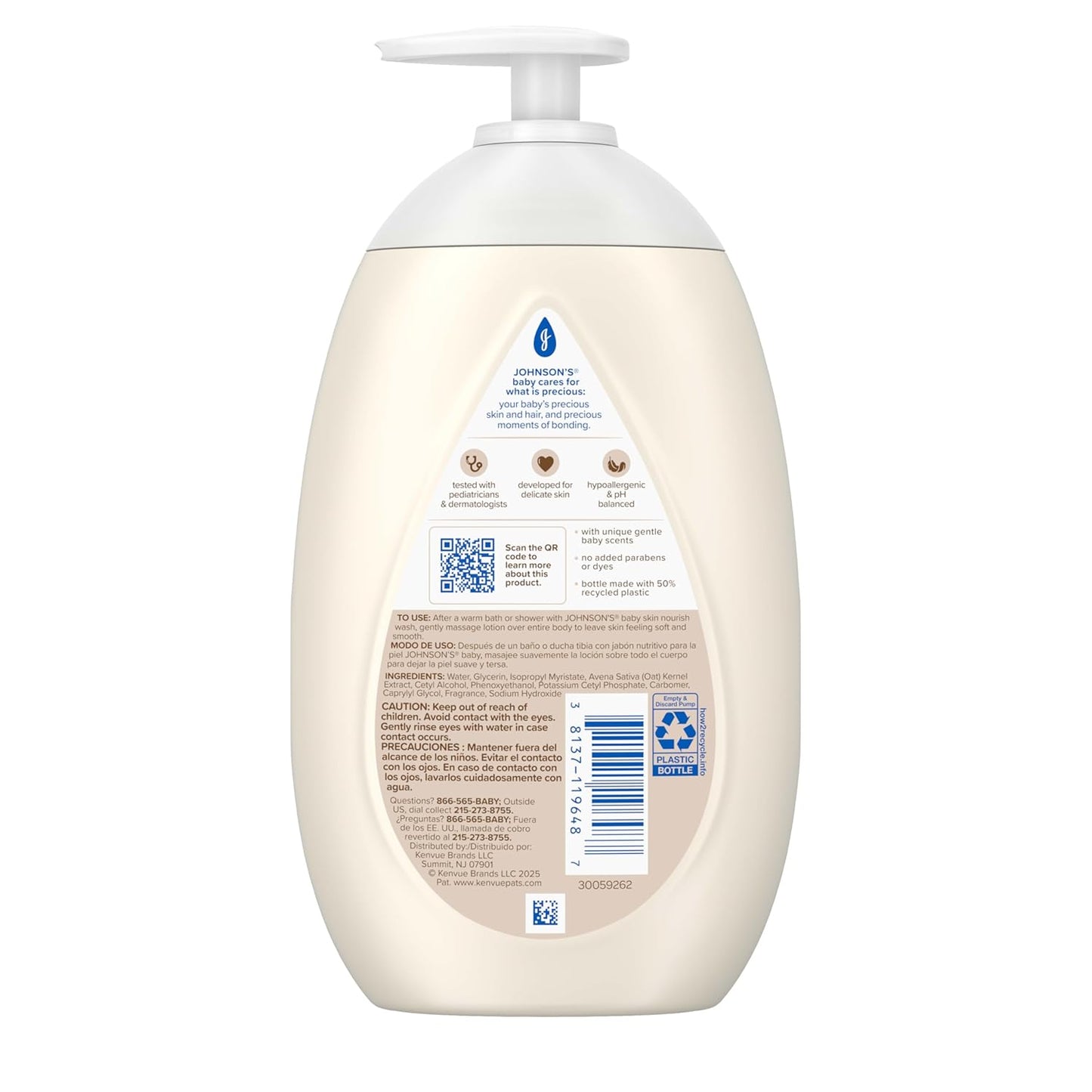 Johnson's Skin Nourishing Baby Lotion, Vanilla & Oat Scents, Hypoallergenic Baby Body Lotion for 72 Hour Hydration, Moisturizes & Protects from Dryness, Baby Essentials 16.9 fl. oz