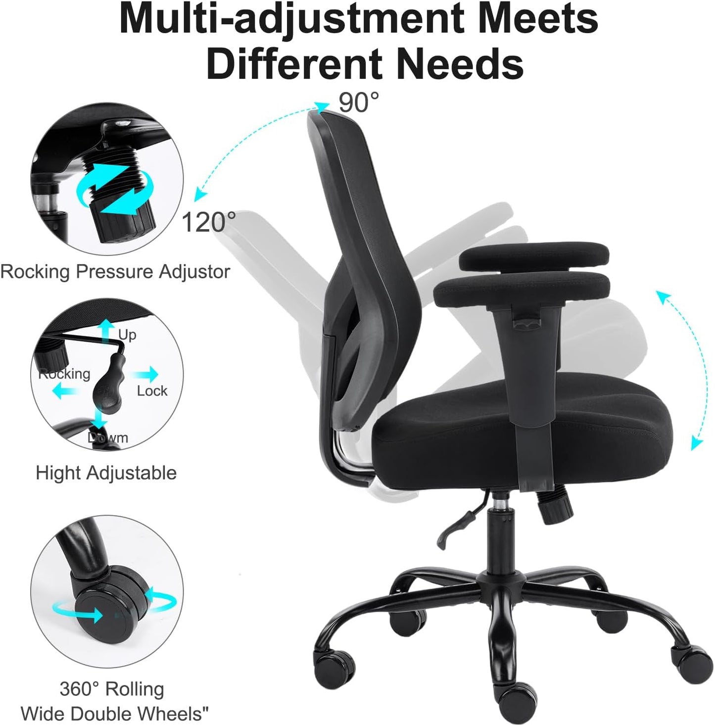 YFO Ergonomic Office Chair, Mesh Computer Desk Chair with Adjustable Back Lumbar Support and Armrests, Comfy Executive Rolling Swivel Task Chair for Home Office, Black