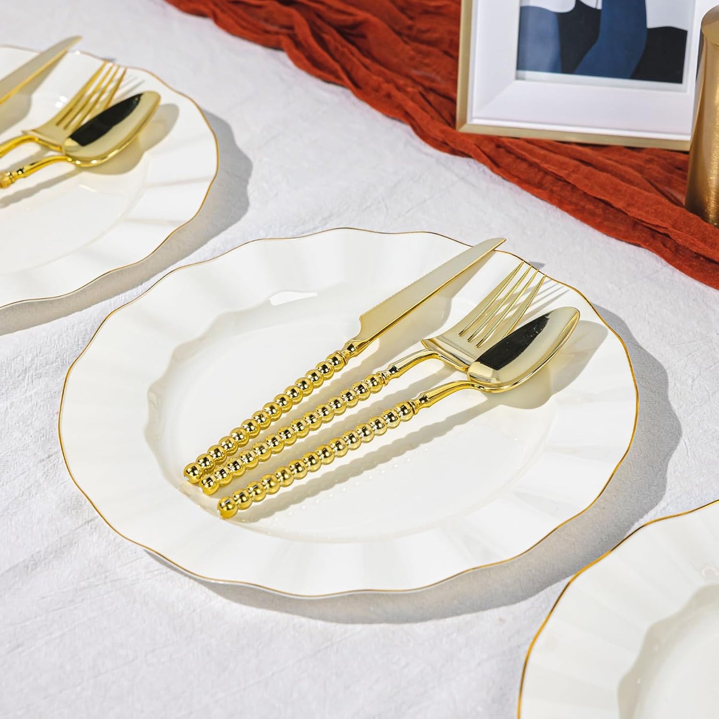 300PCS Gold Plastic Silverware, Heavy Duty utensils, Disposable Plastic Cutlery Silverware Include 100 Forks, 100 Knives, 100 Spoons for Party and Wedding, Gold Bead