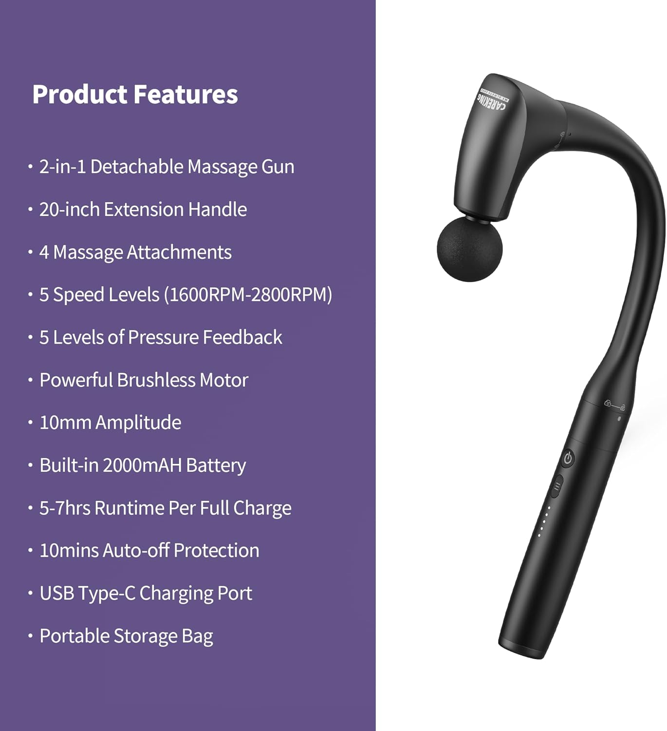 2-in-1 Detachable Muscle Massage Gun Deep Tissue with 20'' Extension Handle, Back and Neck Massager for Pain Relief, Handheld Massager for Shoulder Lower Back Leg Waist, FSA-HSA Eligible