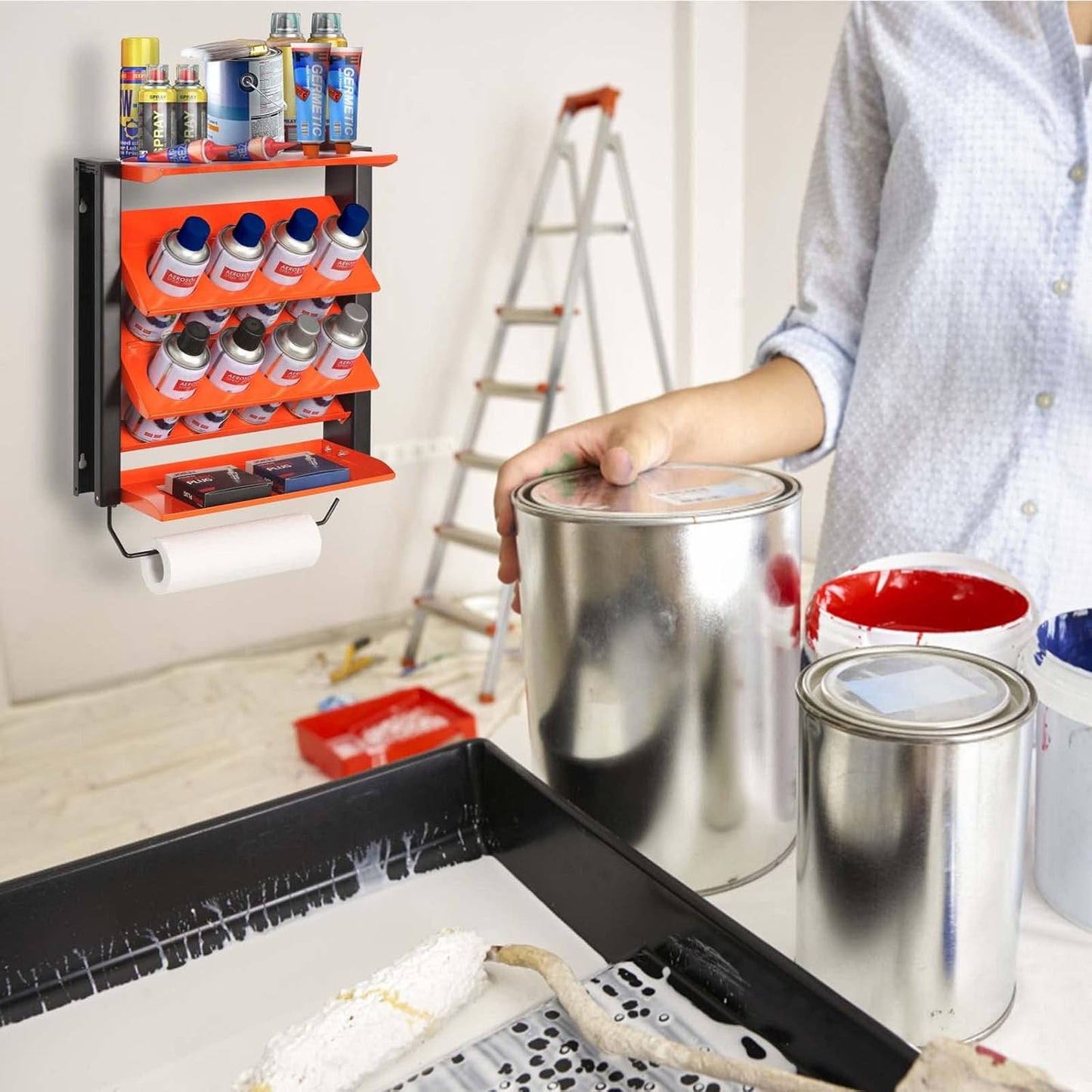 Wallmaster Spray Can Holder, Lube Can Wall Mount Storage Rack Heavy Duty Paint Bottle Organizer for Garage & Home | 8 Can Holes & 2 Shelf, Orange