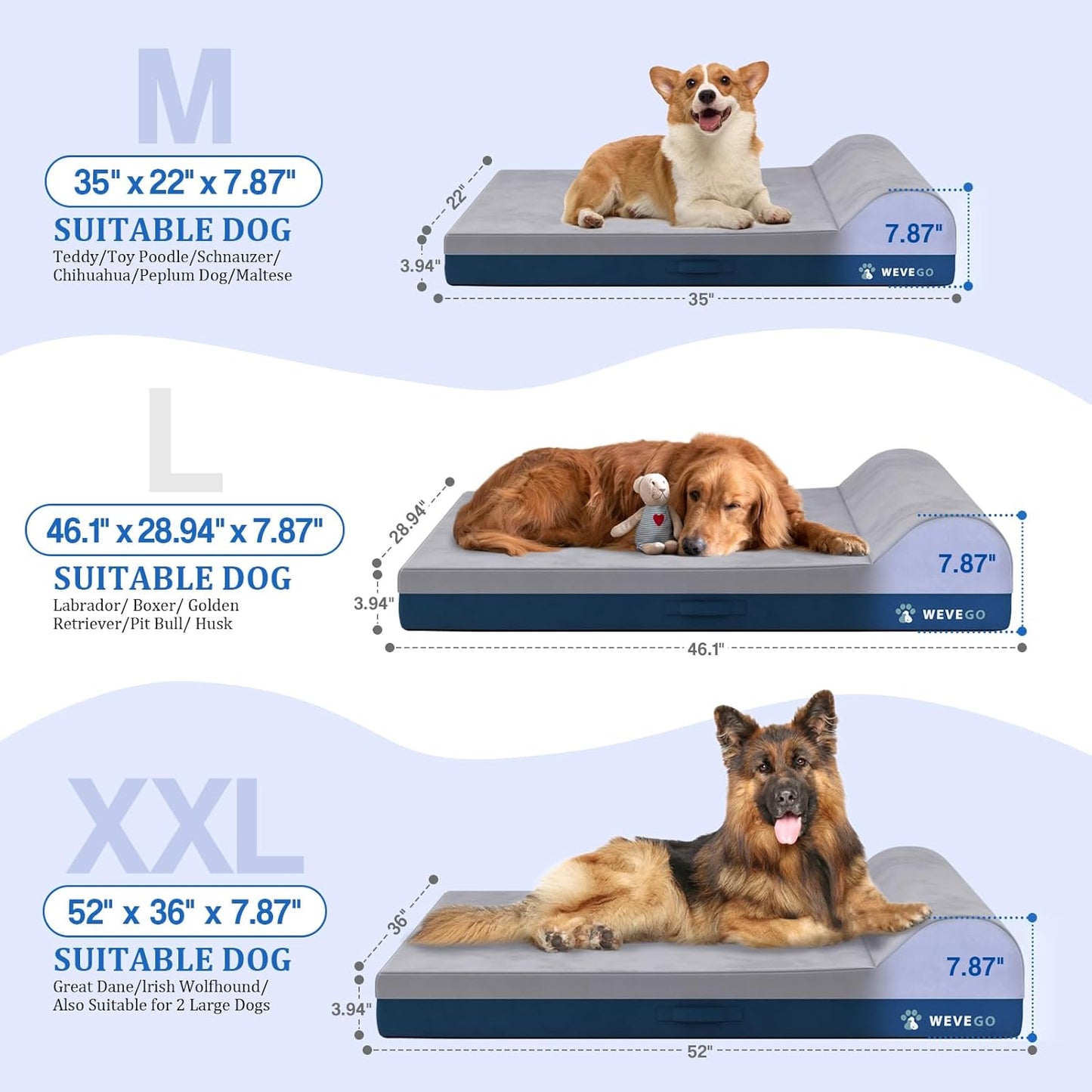 Jumbo Orthopedic Dog Bed, Large Dog Bed 7.87-inch Thick Gel Memory Foam with Pillow, Durable Flannel Fabric Dog Beds Large Sized Dog, Removable Cover & Waterproof Liner for Large Breed Dogs