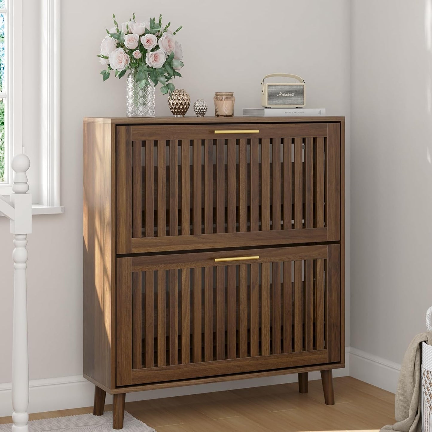 31.5" W Shoe Cabinet Storage for Entryway with 2 Flip Drawers, Shoe Cabinet with Slatted Panel, Hidden Shoe Rack Freestanding Slim Shoes Organizer for Hallway, Entrance, Walnut