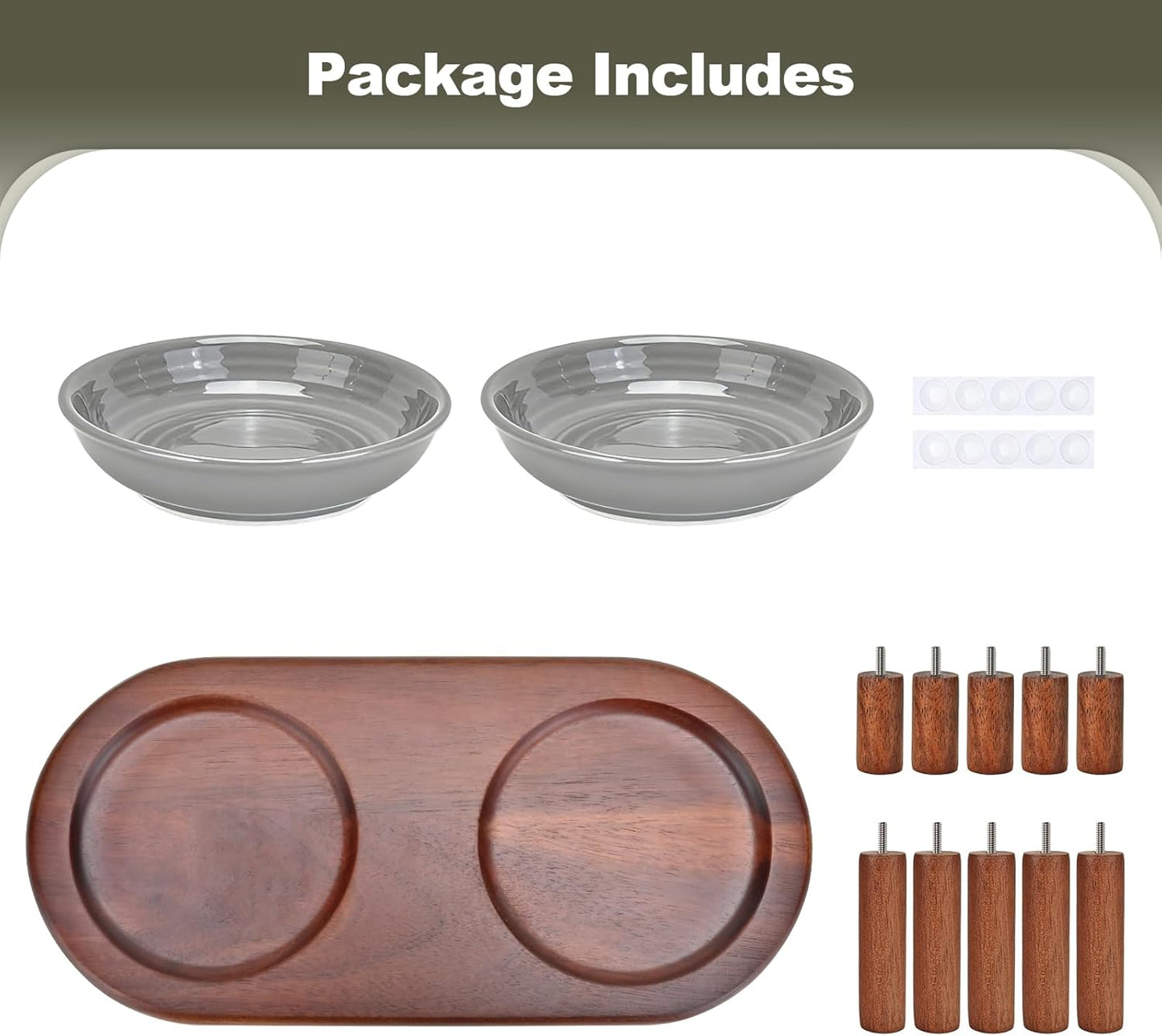 SPUNKYJUNKY Shallow Elevated Cat Bowl with Acacia Wood Stand Wide Raised Ceramic Cat Dishes Whisker Friendly Pet Food and Water Plates (Striped Pattern, Gray)