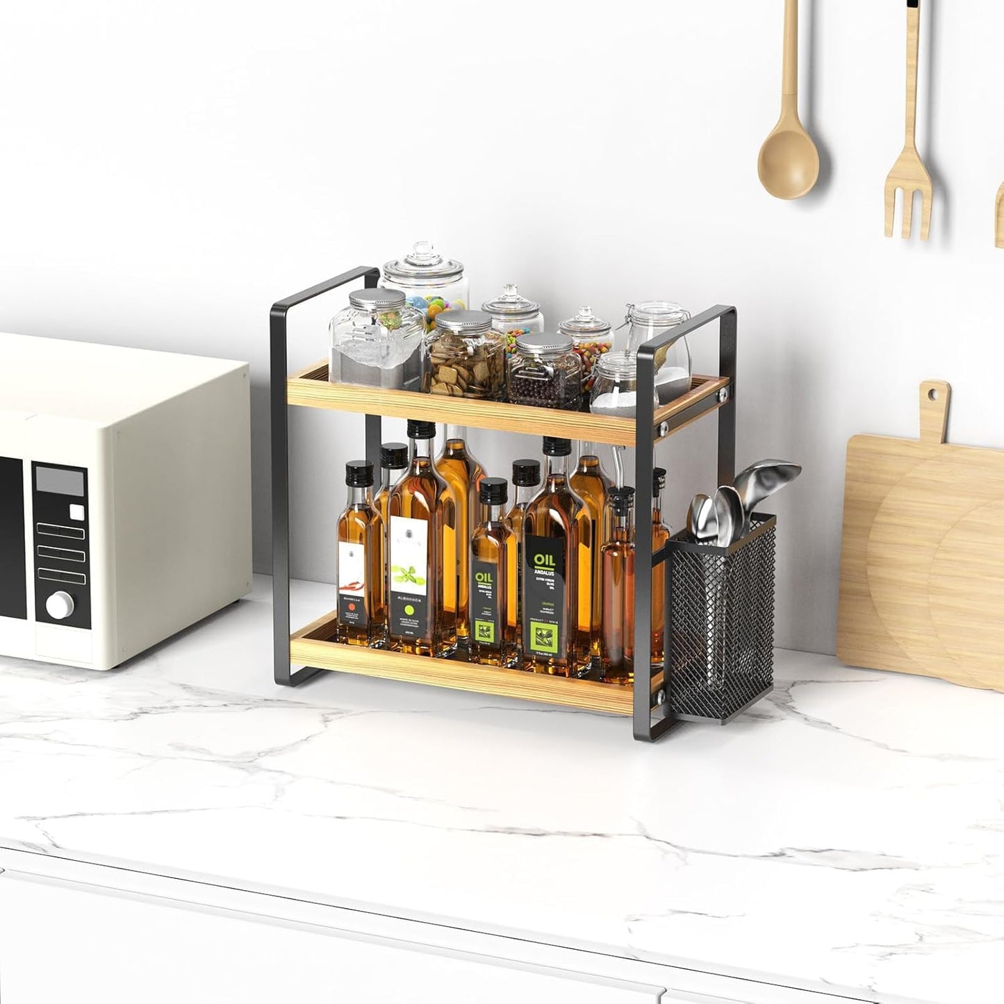 LEMIKKLE 2-Tier Wood Coffee Bar Organizer With Basket,Kitchen organizers and storage,Spice Rack Organizer for Countertop,Kitchen