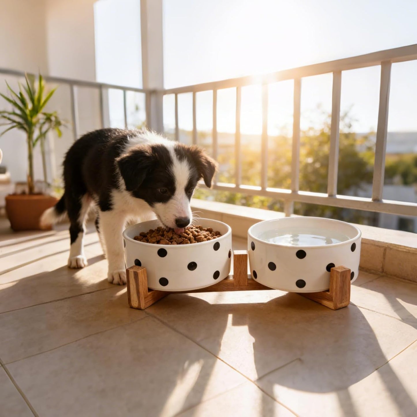 28.74 OZ Elevated Ceramic Dog Bowl Set with Acacia Wood Stand - 3.6 Cup Cat Food Bowl Raised Pet Dish Modern Indoor Water Basic Bowls for Puppies - 850 ML (Double Bowl with Stand - White)