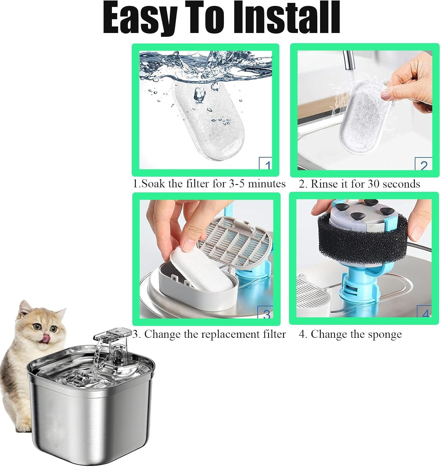 TuTuYa 32PCS Cat Water Fountain Filter, 16 Pack Cat Fountain Filter Replacement with 16 Sponges, for 108oz/3.2L & 67oz/2L Stainless Steel Pet Water Dispenser