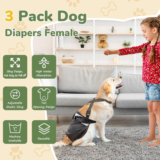 Female Dog Diaper with Suspender for Large Dogs,3 PCS Adjustable Suspender Dog Sanitary Panties, Highly Absorbent Reusable Washable for Small Medium Girl Dogs in Heat (XL)