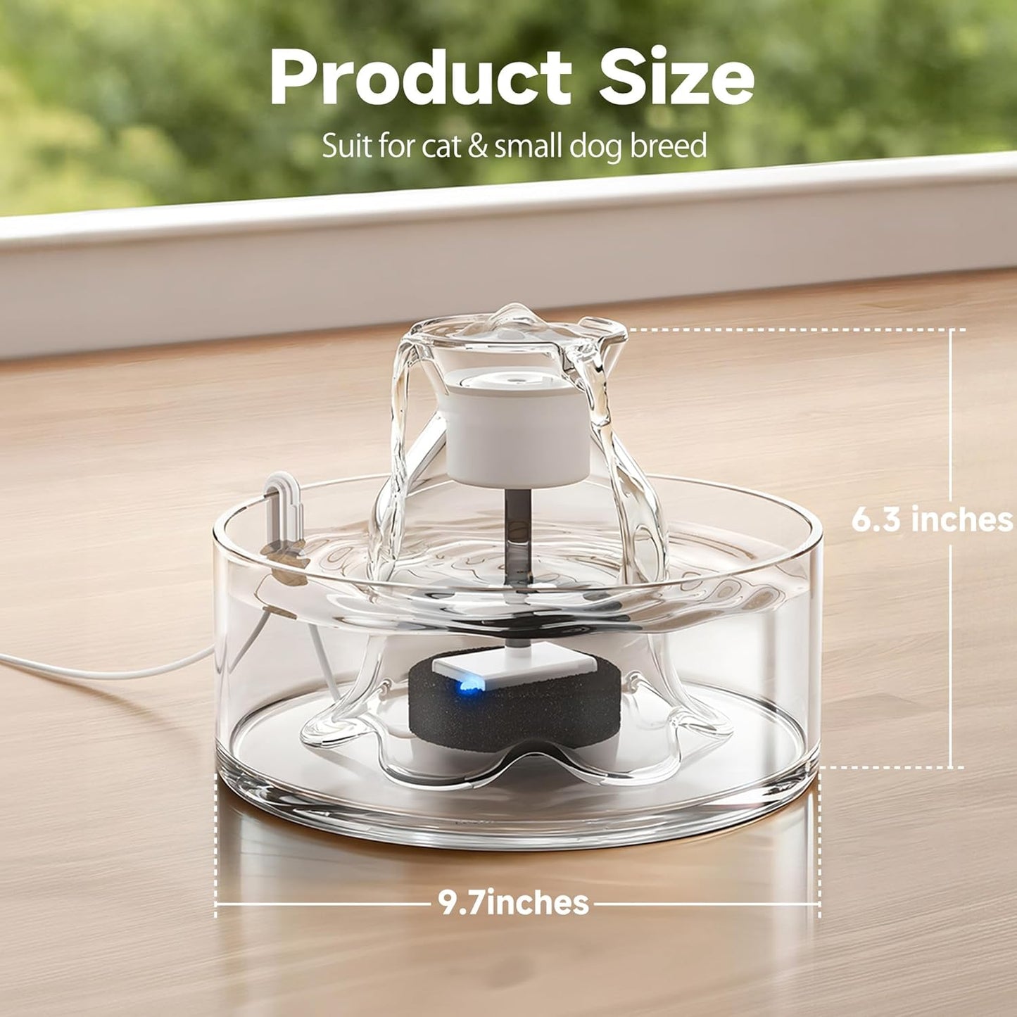Glass Cat Water Fountain, 2.7L/91 oz Ultra-Quiet Pet Fountain, Automatic Water Dispenser for Cats & Small Dogs, Spill-Resistant Pet Water Bowl, BPA-Free, Includes 2 Filters, Effortless to Clean