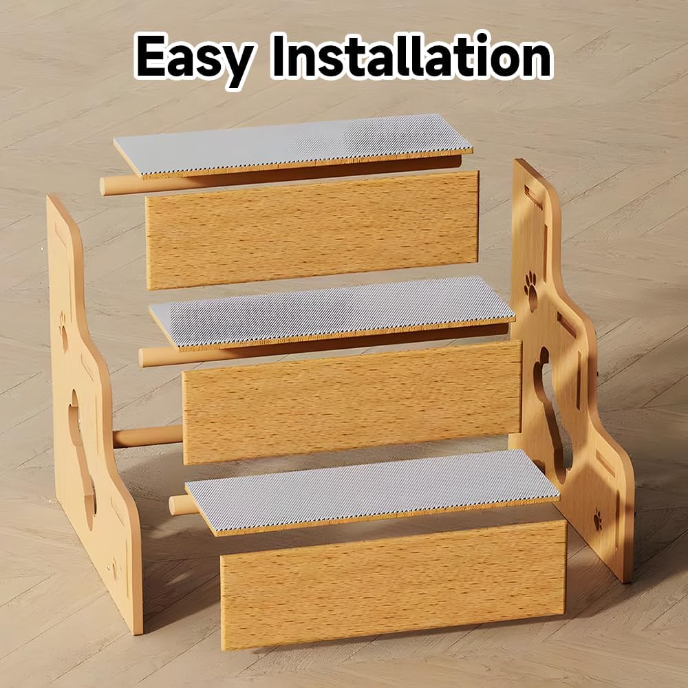 Pet Steps for Small Dogs,Wooden Cat Stairs for Old Cats,Doggy Dog Steps for Bed Couch Sofa Windows,3-Step Ladder, 16" L x 12" W x 14" H,Suitable for Height 14-17in