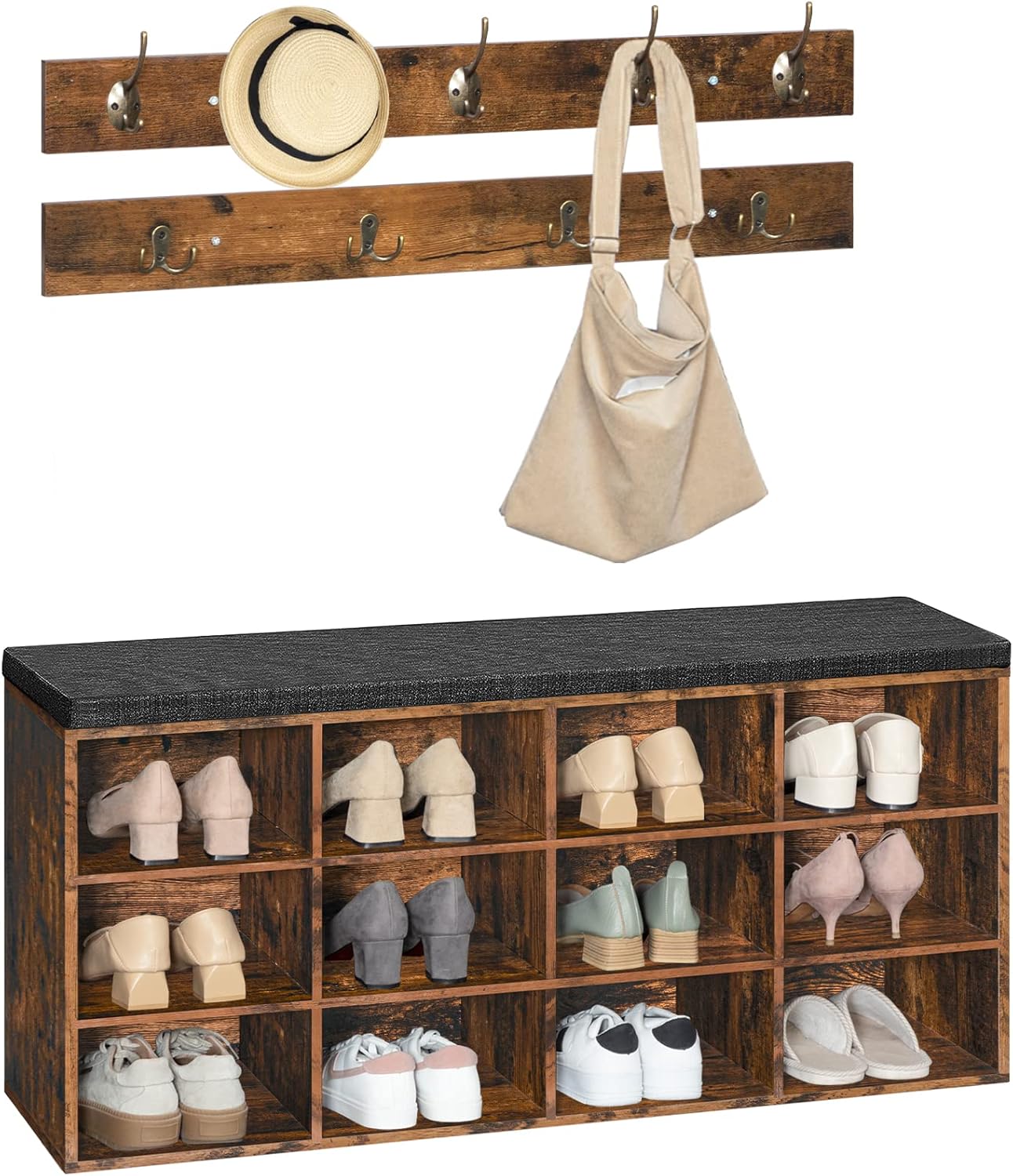 HOOBRO Shoe Storage Bench with Cushion, 39.4" L Entryway Bench with 12 Cubbies, Entryway Hall Tree with Storage, Shoe Cabinet with Coat Rack for Bedroom, Hallway, Holds up to 330 lb, BF112HX01G1