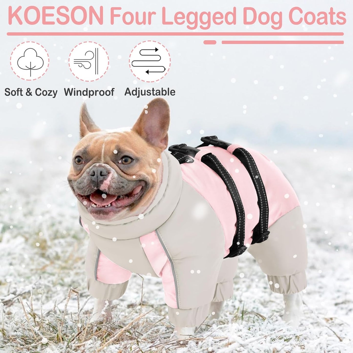 KOESON Four Legged Winter Coat, Warm Dog Jacket with Adjustable Buckles, Turtleneck Windproof Fleece Jackets, Reflective Fullbody Snowsuit Puffer Coat Pink Grey XS