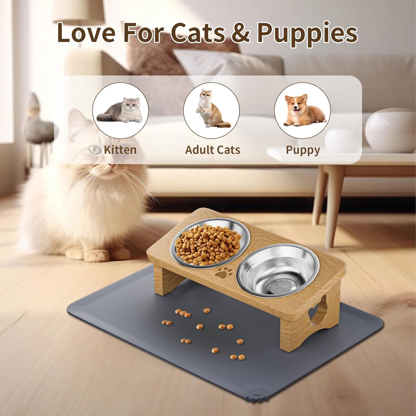 Elevated Cat Bowls with Silicone Mat, 15° Tilted Solid Wood Stand, Raised Stainless Steel Food & Water Dishes for Cats and Small Dogs, Anti-Vomiting Design(Natural)