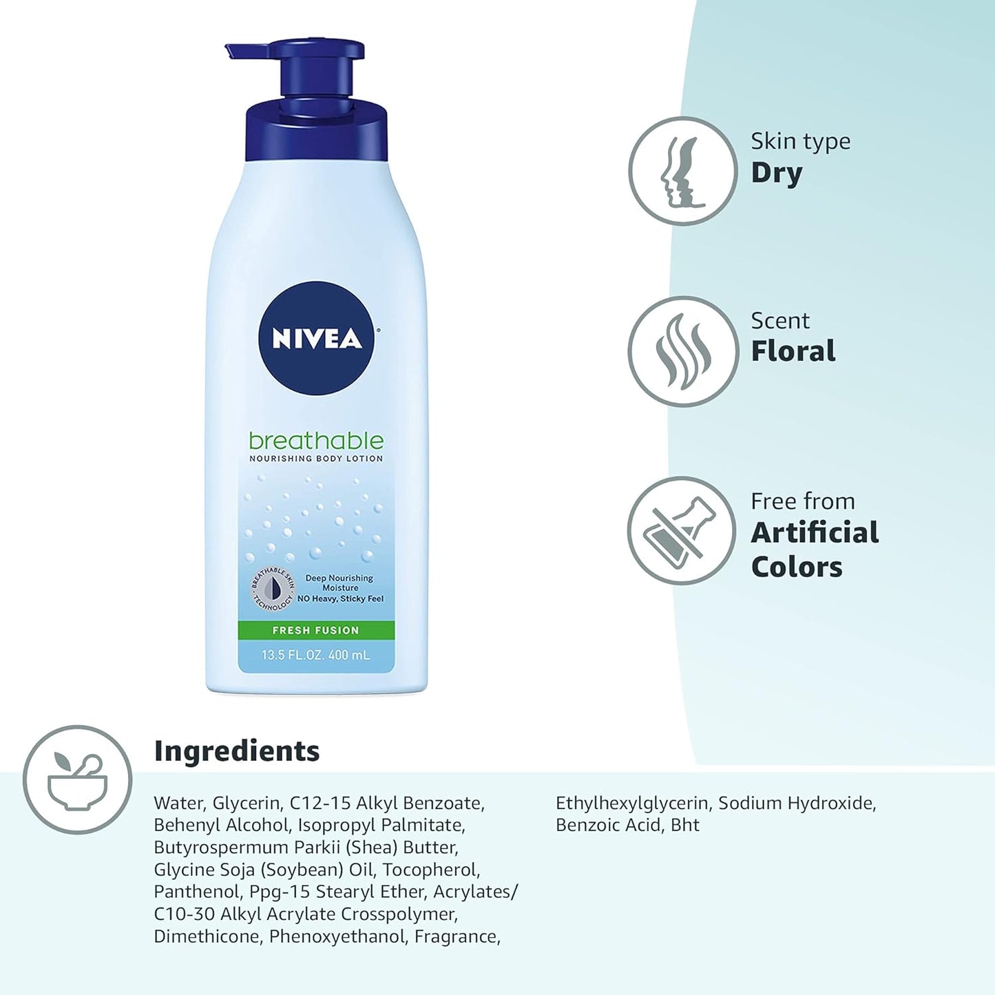 NIVEA Breathable Nourishing Body Lotion Fresh Fusion, Body Lotion for Dry Skin, 13.5 Fl Oz Pump Bottle