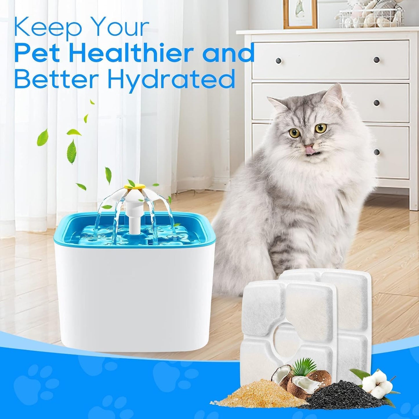 8PCS Cat Water Fountain Filter Fit for 84oz/2.5L Square Cat Filters for Water Fountain, 3-Layer Filtration System with Pet Fountain Filter Replacement