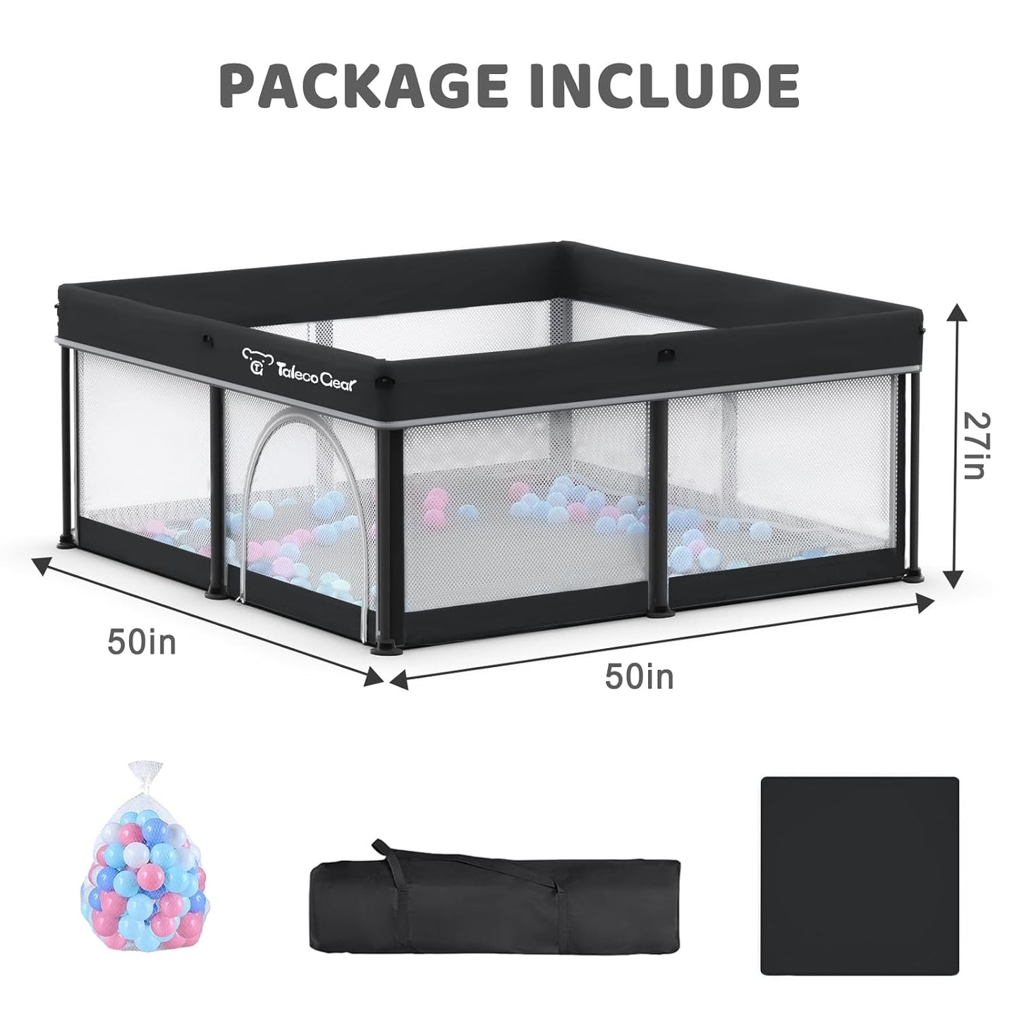 Taleco Gear Foldable Baby Play Pen with Mat, 50''x50'' Playpen for Babies and Toddlers, Playpen for Baby with Gate, Breathable,Foldable Travel Play Pen with 50 Ocean Balls