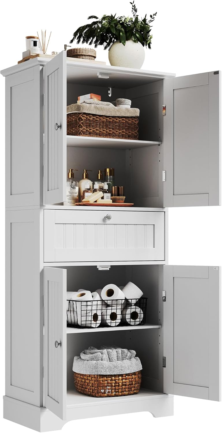 ChooChoo 51" H Tall Bathroom Floor Cabinet, Modern Bathroom Storage Cabinet with Drawer and Adjustable Shelves, Freestanding Kitchen Pantry Cupboard with 4 Doors for Living Room, White