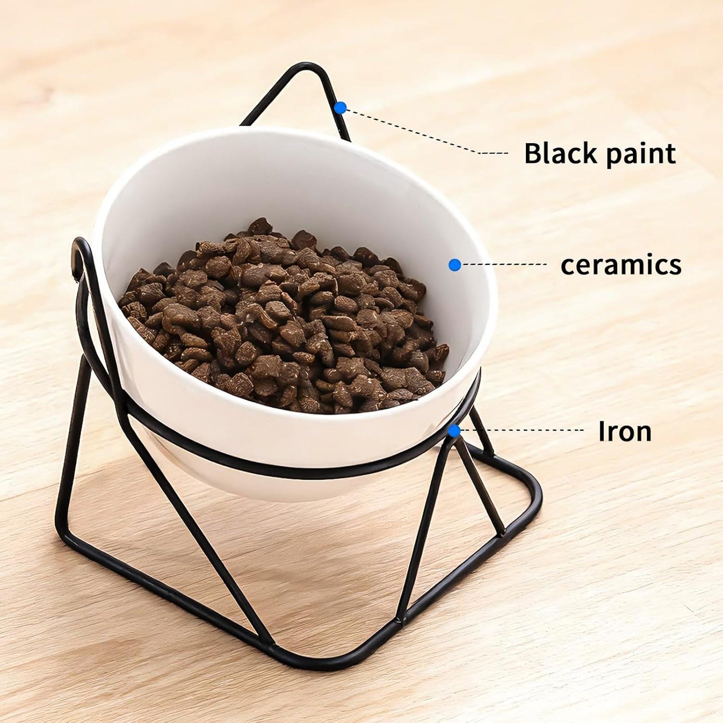 Elevated Cat Food Bowl,Ceramic Raised Water Bowl for Indoor Cats, 15°Tilted Metal Stand Anti Vomiting and Protect Spines,Whisker Fatigue Feeding Dishes,Non-slip and Dishwasher Safe