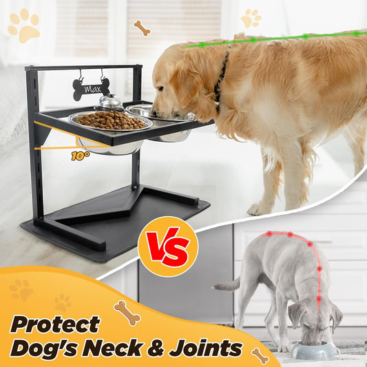 Grand Line Elevated Dog Bowls - 7 Height Adjustable, 10 Tilted Raised Stand With Spill Proof Mat, Two 1.5L Stainless Steel Food Water Bowls for Large Medium Small Dogs (15.4" H)