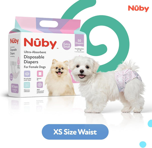 Nuby Pets Disposable Female Dog Diapers with Wetness Indicator, Leak-Resistant & Absorbent for Dogs in Heat, Training & Incontinence, X-Small (9-16” Waist), 50 Count