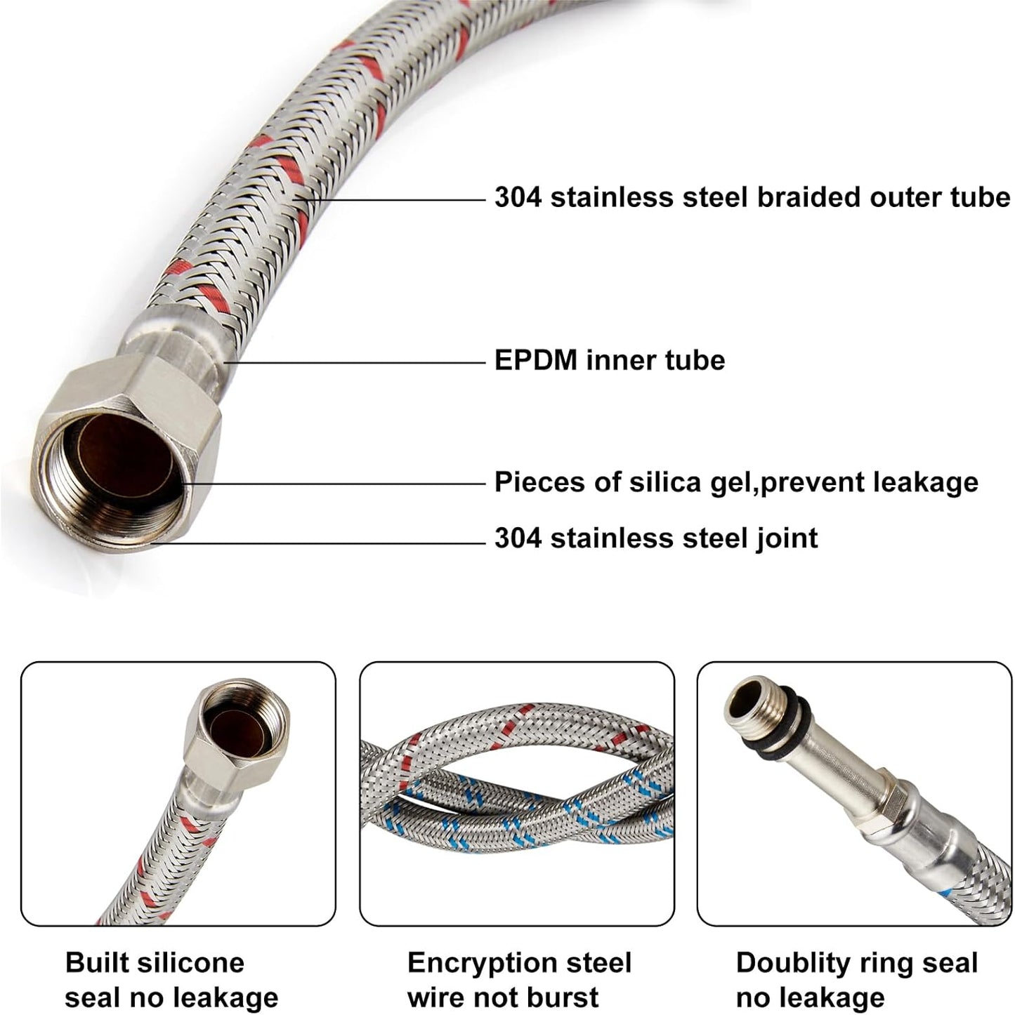Midanya 32-Inch Long Faucet Water Supply Lines, Braided Stainless Steel Supply Hose 3/8-Inch Female Compression Thread x M10 Male Connector, x 2 Pcs (1 Pair)