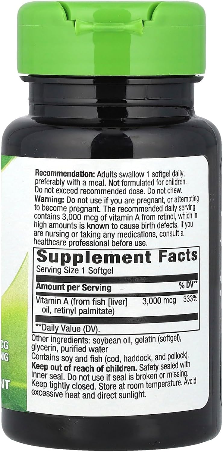 Nature's Way Vitamin A, High Potency, Supports Healthy Eye Function*, 3,000 mcg per Serving, 100 Softgels (Packaging May Vary)