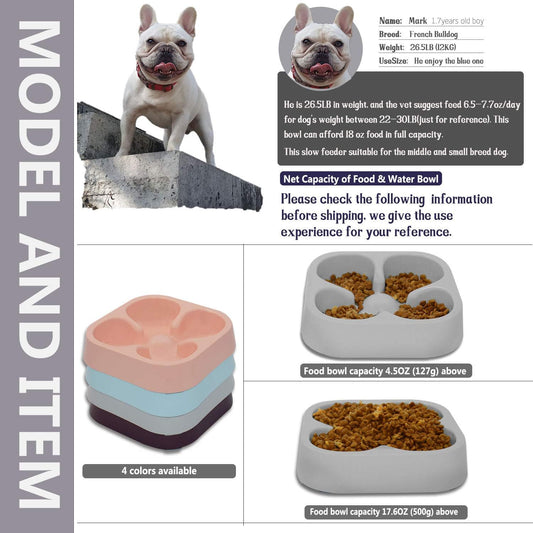Healthy Slow Feeding Dog Bowl for French Bulldog -Slow Feeder Dog Bowl No Chocking Dog Cat Food Water Bowl with Four-Leaf Clover Pattern (Grey)