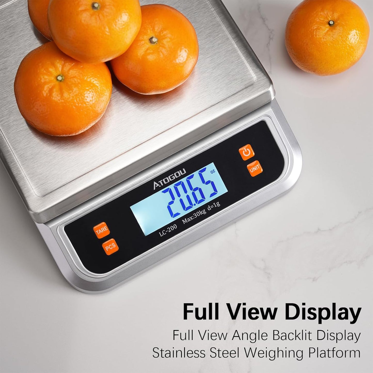 Atogou 66lb Food Scale, Commercial Kitchen Scale Plug-in Usable with Full View LCD Display, Stainless Steel, for Baking, Bread, Cooking, Meat, Vegetables, Farm, Industry LC200 Grey