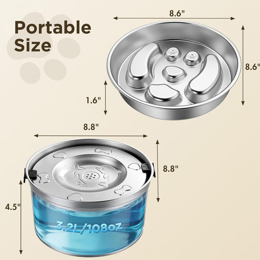 3.2L/108oz No Spill Dog Water Bowl & 4 Cups Slow Feeder Bowl Set - 304 Stainless Steel, Splash Proof Anti Slobber Stopper for Dogs, Slow Drinking & Eating Puzzle Bowl for Large Medium Small Breeds