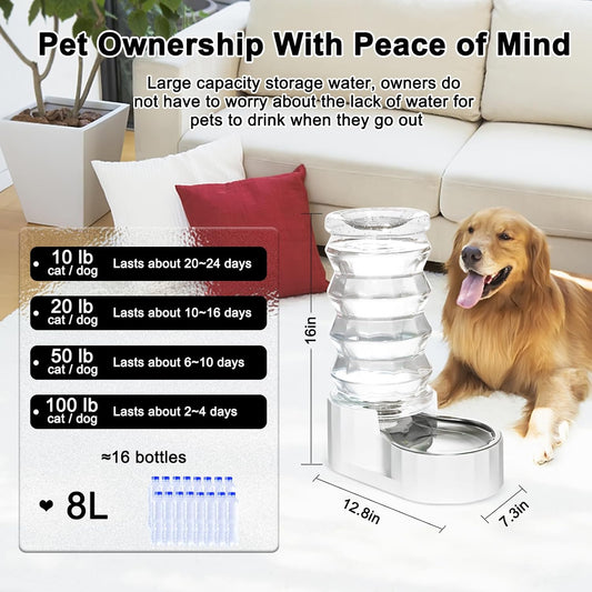 RIZZARI Gravity Dog Water Dispenser: 8L Large Auto-Refill Stainless Steel Pet Water Feeder - No-Spill BPA-Free Design for Large Dogs & Multi-Dog Homes - Everyday Indoor & Outdoor Spaces