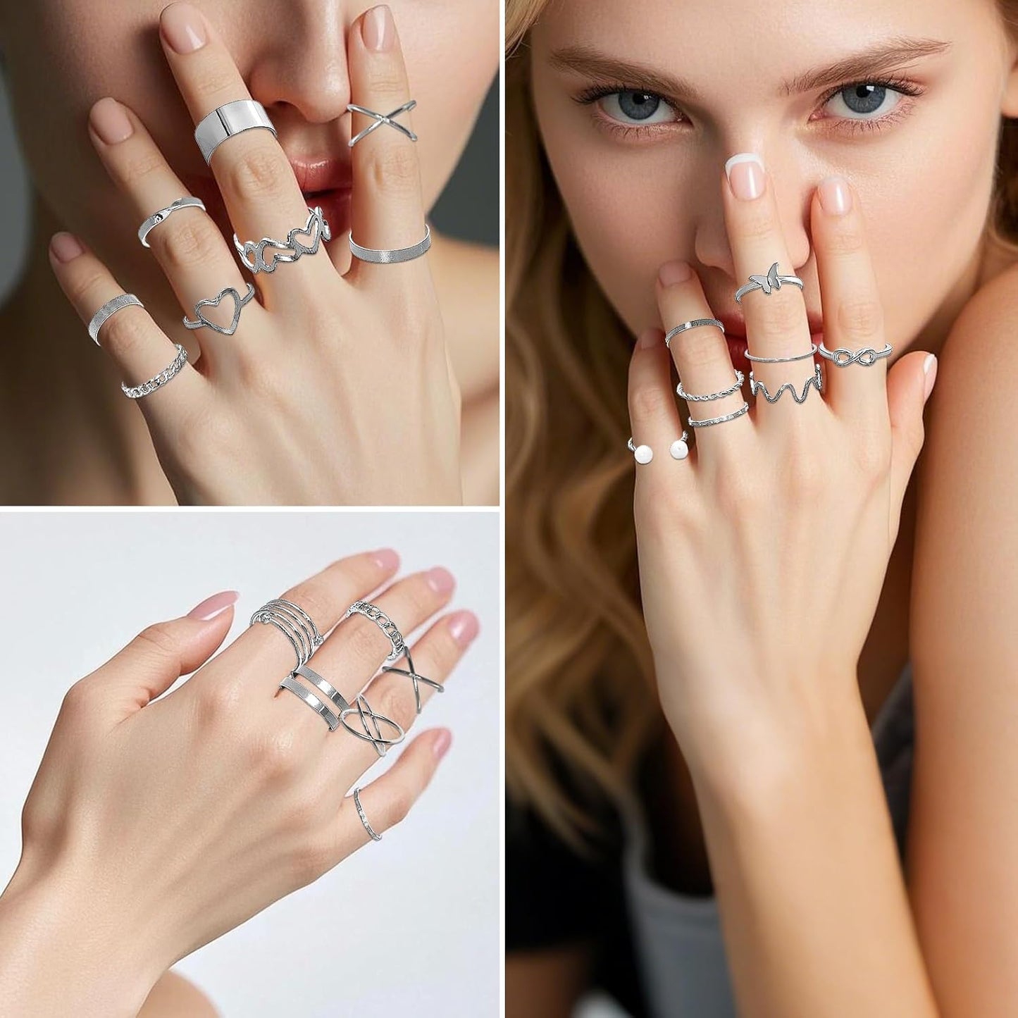 Silver Jewelry Set for Women Layered Bracelets Ball Dangle Hoop Earrings Stackable Knuckle Rings Set Dainty Adjustable Necklaces Valentine Anniversary Trendy Party Costume Accessories Jewelry