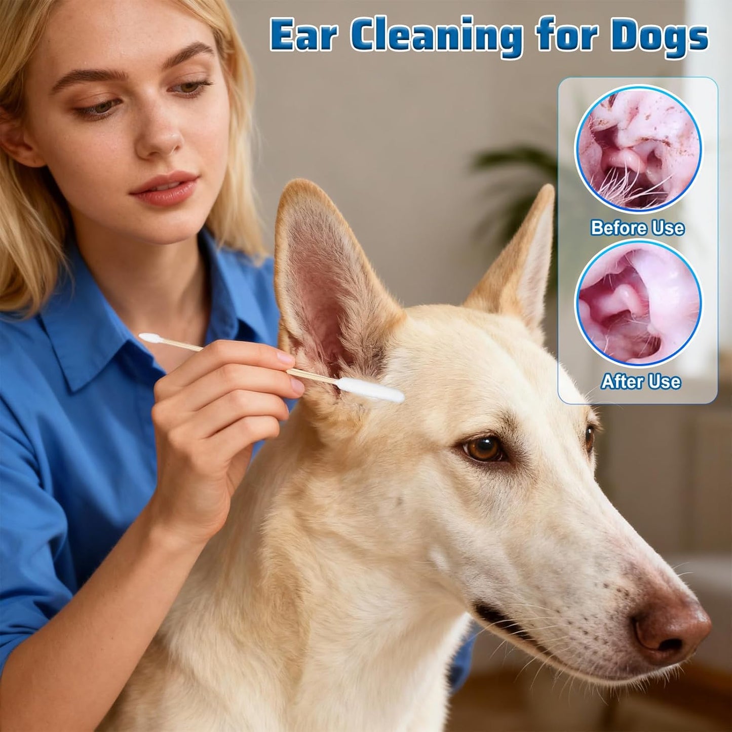100PCS Long Cotton Dog Ear Swabs Double Sided Dog Ear Swabs 6 Inch Long Cotton Swab Large Double Sided Gentle Lint-Free Clean Wood Buds for Pet Dogs Ears Cleaning Wax Removal