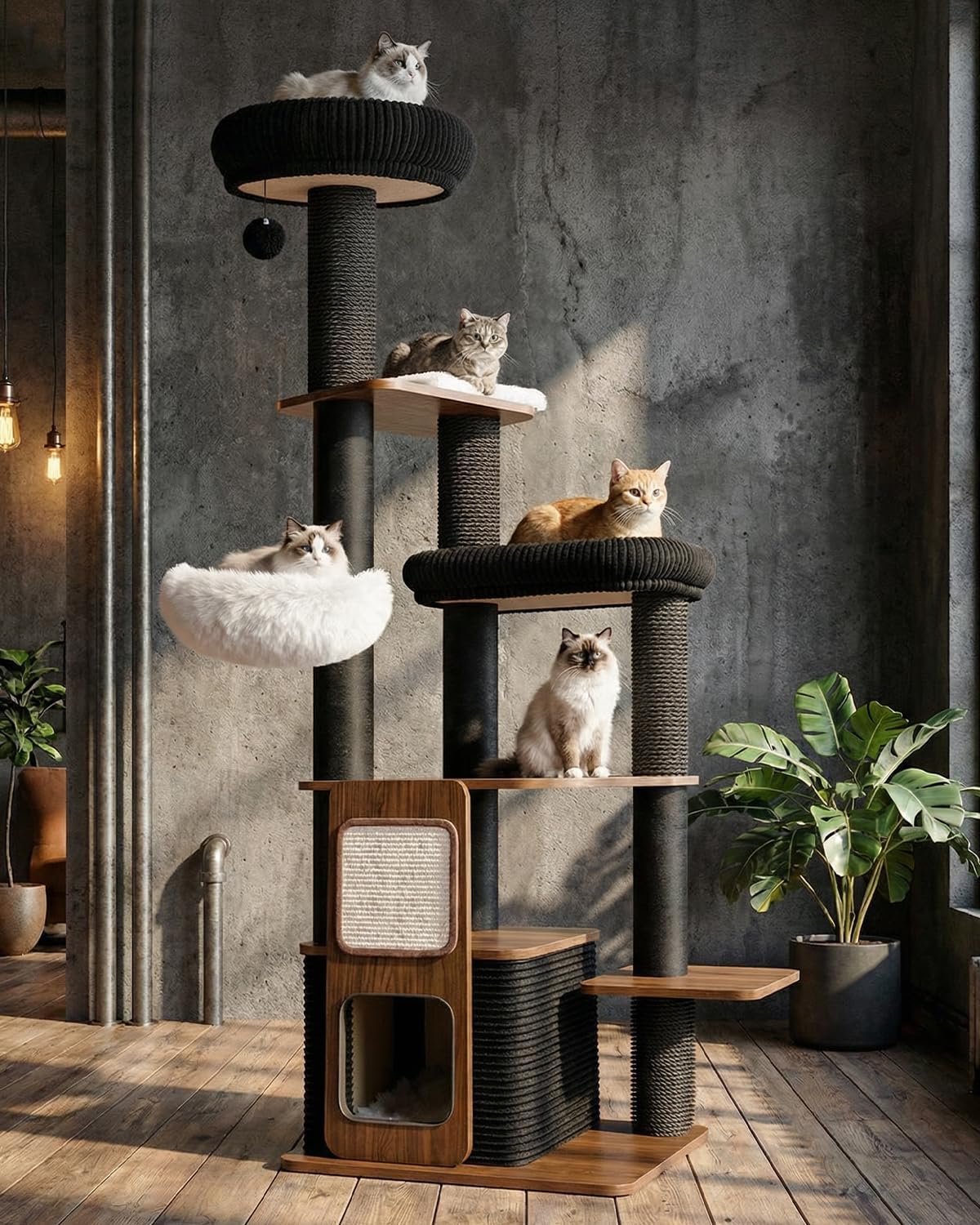 63" Modern Cat Tree Tower for Indoor Cats, Heavy Duty Cat Trees for Large Cat, Adult Maine Coon Cat Tree Tower with Scratching Post, Extra Large Top Perch, Cat Condos, Jet Black