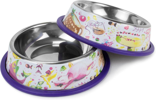 Weebo Pets 3-in-1 Cat Food & Water Bowls with Mat Set - Cat Tales: The Regulars Premium 4 oz. Stainless Steel Dishes with Food-Grade Silicone Feeding/Litter Box Mat