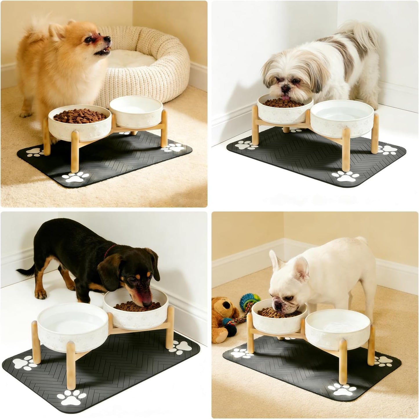 Raised Ceramic Pet Bowls Set with Wooden Stand & Waterproof Mat, 16oz Anti-Vomit Whisker-Friendly Bowls for Cats & Small to Medium Dogs, Non-Slip Stable Design