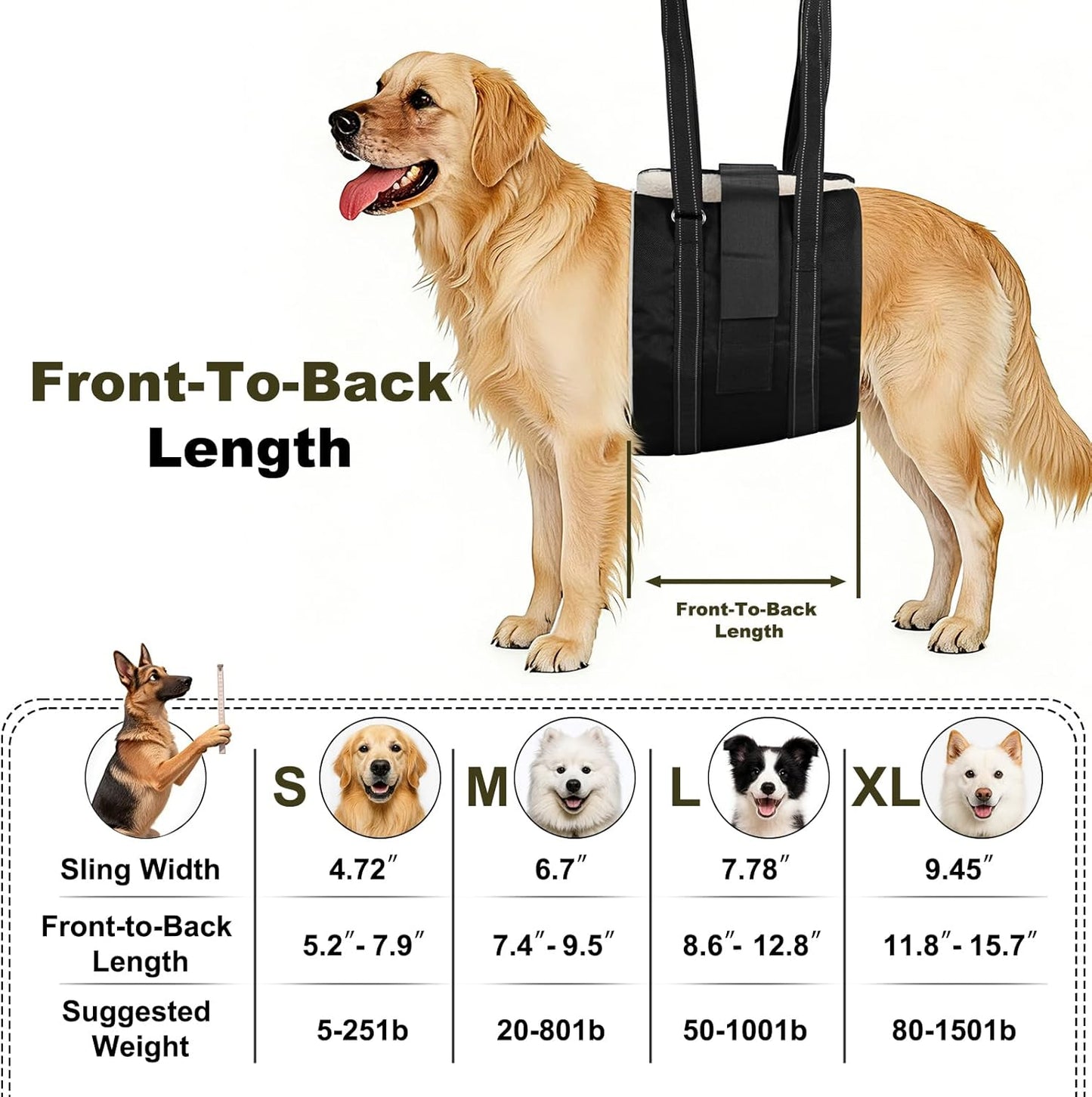 Dog Sling Adjustable Dog Lift Harness: Hip Support Sling for Dog, Dog Rehab Harness for Weak Rear Legs, Helps Disabled, Senior, Injured, and After ACL Surgery Dogs, Black for Large Dogs
