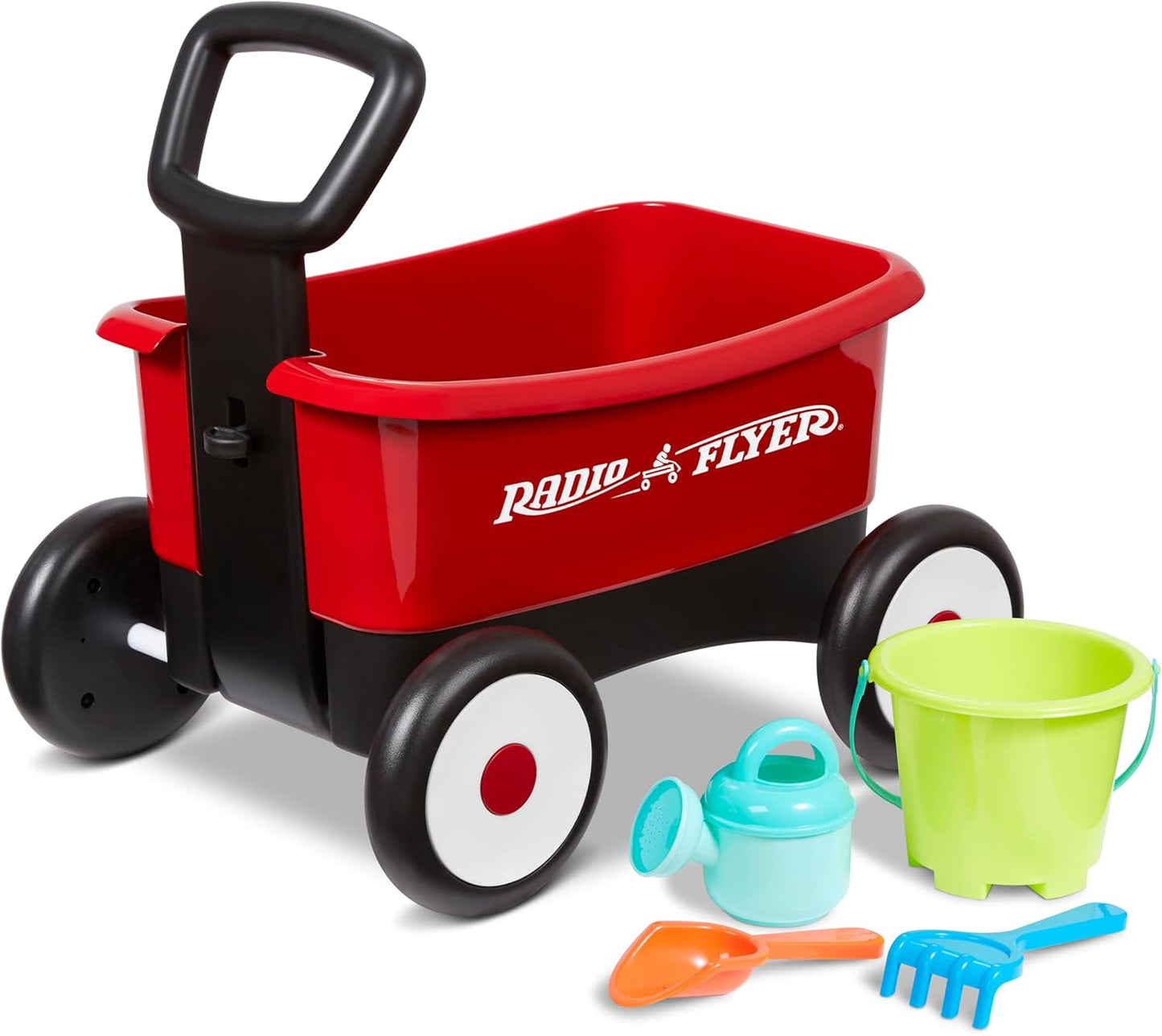 Radio Flyer Push & Pull Walker Wagon with Garden Tools, Red, for Kids 1-4 Years Old, Locking Handle for Stability, Baby Push Walker Converts to Pull Wagon, for Indoor & Outdoor Play