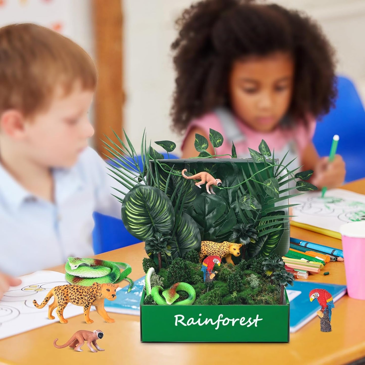 Rainforest Diorama Kit Rainforest Animals Figures Realistic Forest Animals Figures Including Model Tree, Red Parrot, Cobra Forest Diorama Supplies for Birthday Party Favor(Box Not Included)
