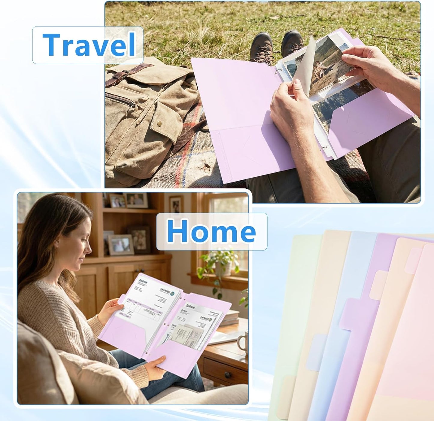 HOUYEE 12 Pack Plastic Folders with Pockets 3 Hole Punched, 2 Pockets File Folders for 3 Ring Binder, with 2 Business Card Slot, 1/6 Cut Tabs & Labels, for Letter Size, School Office Home Bussiness