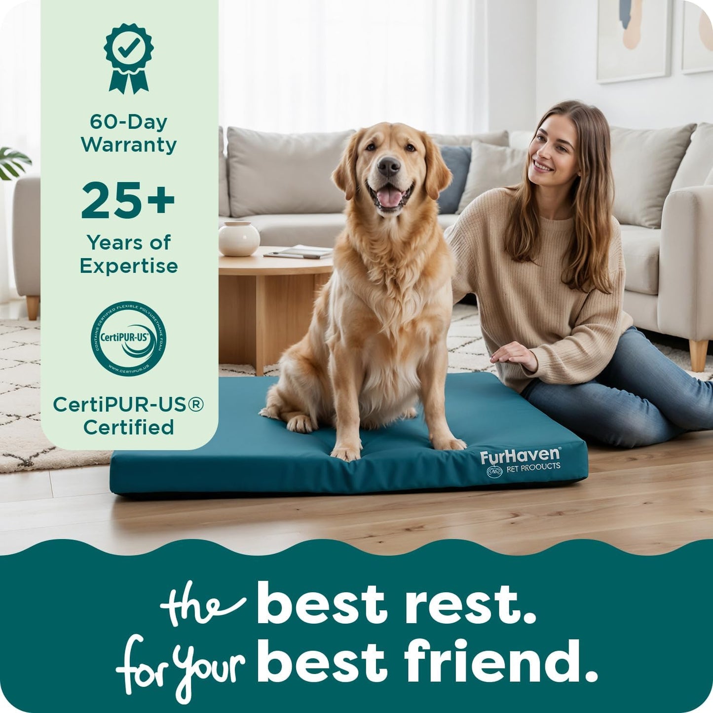 FurHaven Water-Resistant Orthopedic Dog Bed for Large Dogs, Oxford Polycanvas Mattress with Orthopedic Solid Slab Foam for Joint Support, Removable Washable Cover, Large, Deep Lagoon