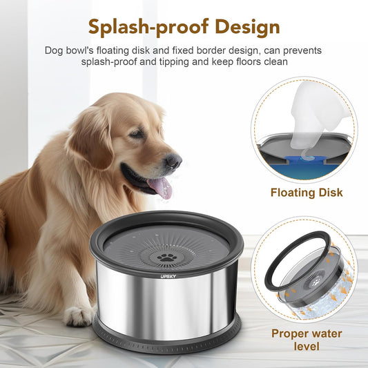 UPSKY 4.5L Dog Water Bowl,Large Capacity No Spill Dog Water Bowl,Stainless Steel Spill Proof Slow Water Feeder,No Splash Water Bowl with Anti-Slip Mat for Messy Drinkers Grey, B.4.5L