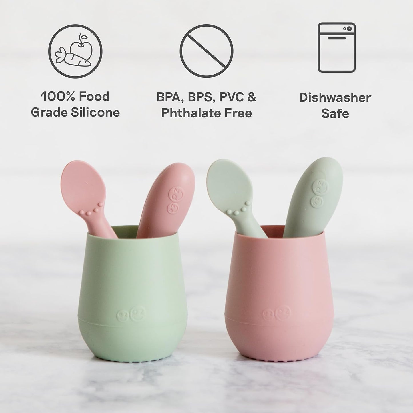 ezpz Tiny Spoon (2 Pack in Sage) - 6 Months+ - 100% Silicone Spoon for Baby Led Weaning + Purees - Designed by a Pediatric Feeding Specialist - Shower Essentials & Gifts